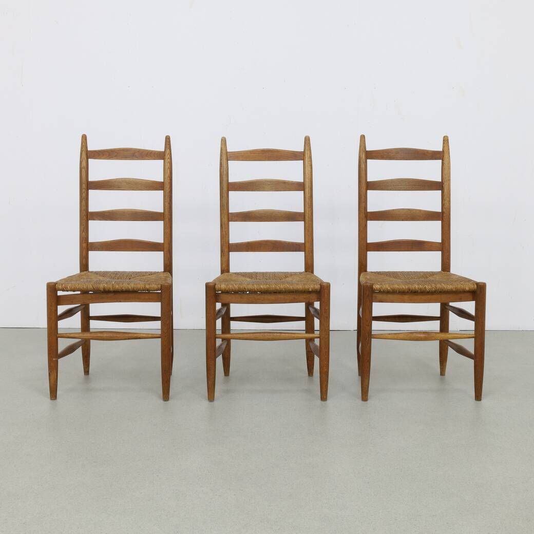 3x Ladder Chair in Oak & Rush, 1960s