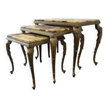 Ensemble de 3 tables gigognes vintage / tables d'appoint en onyx