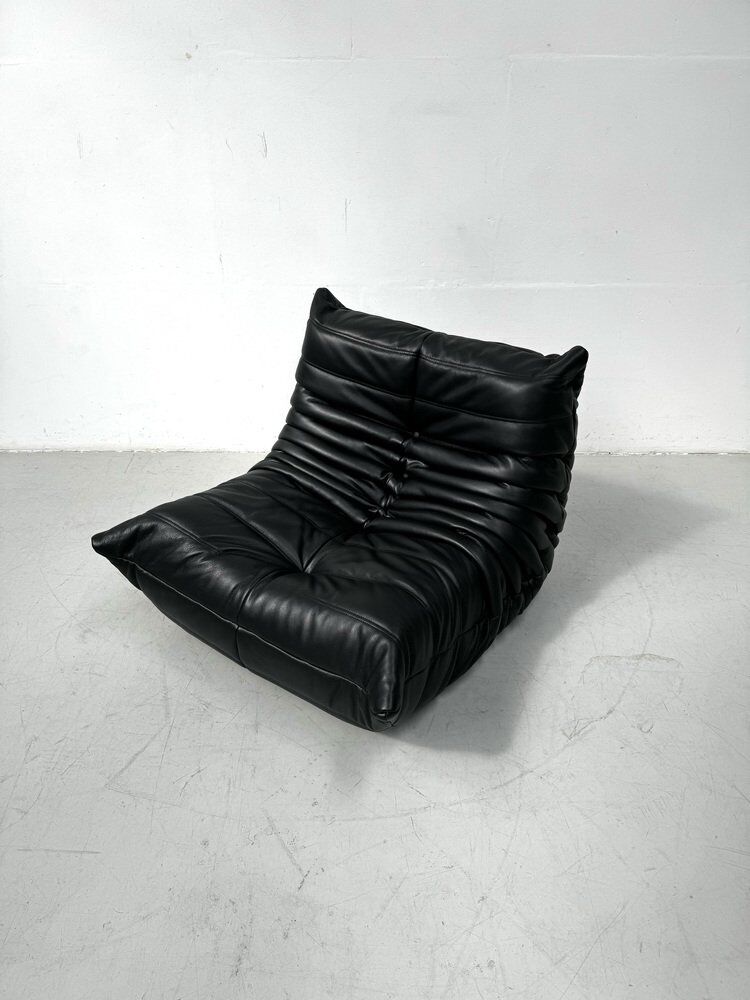 French Togo lounge chair in black leather by Michel Ducaroy for Ligne Roset, 1970s