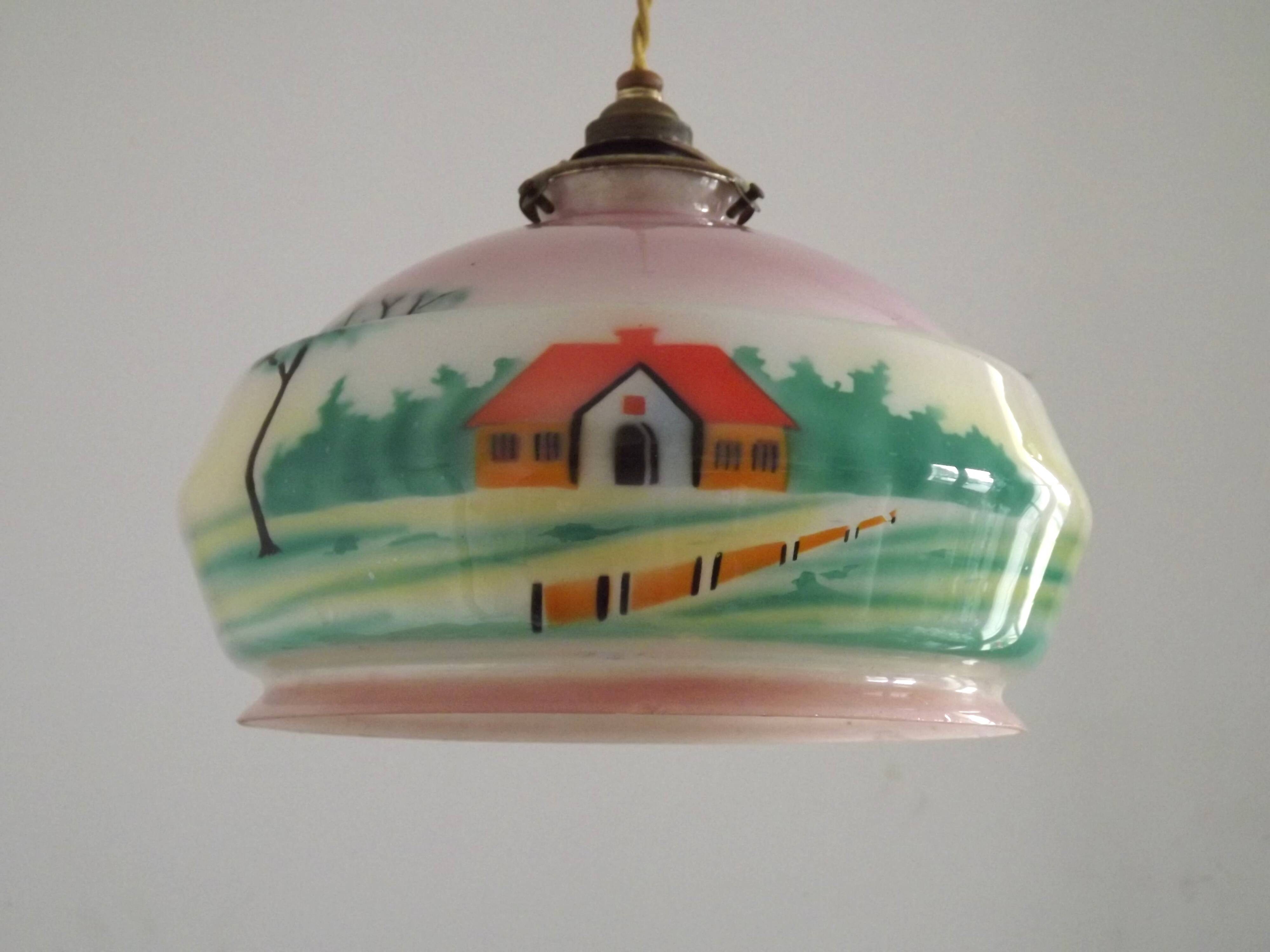 French Art Deco Pink & Cream Pendant Light with House and Tree Design