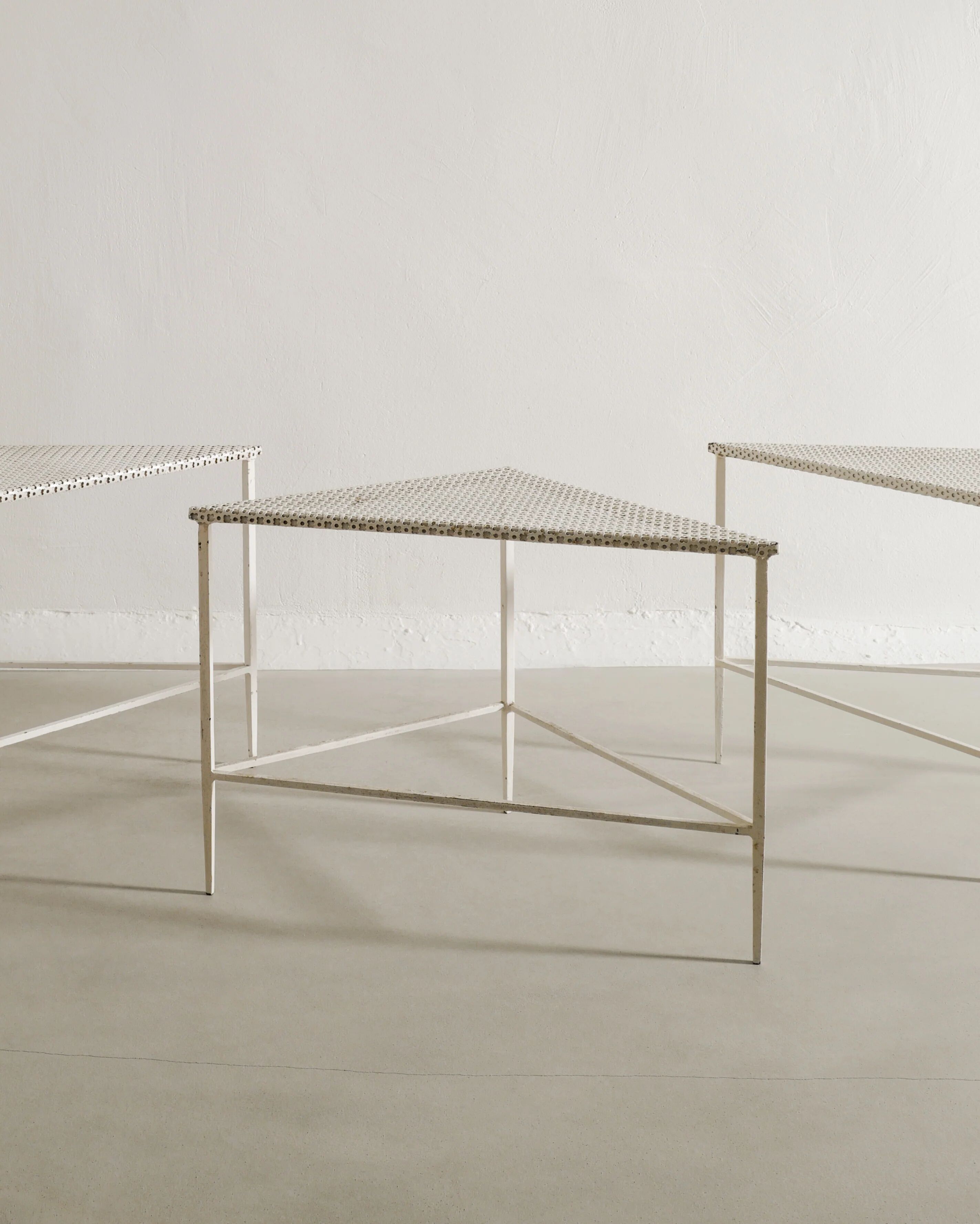 Set of Three French White Metal Side Tables by Mathieu Matégot, 1950s