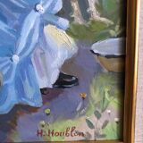 Oil on canvas young girl with chickens