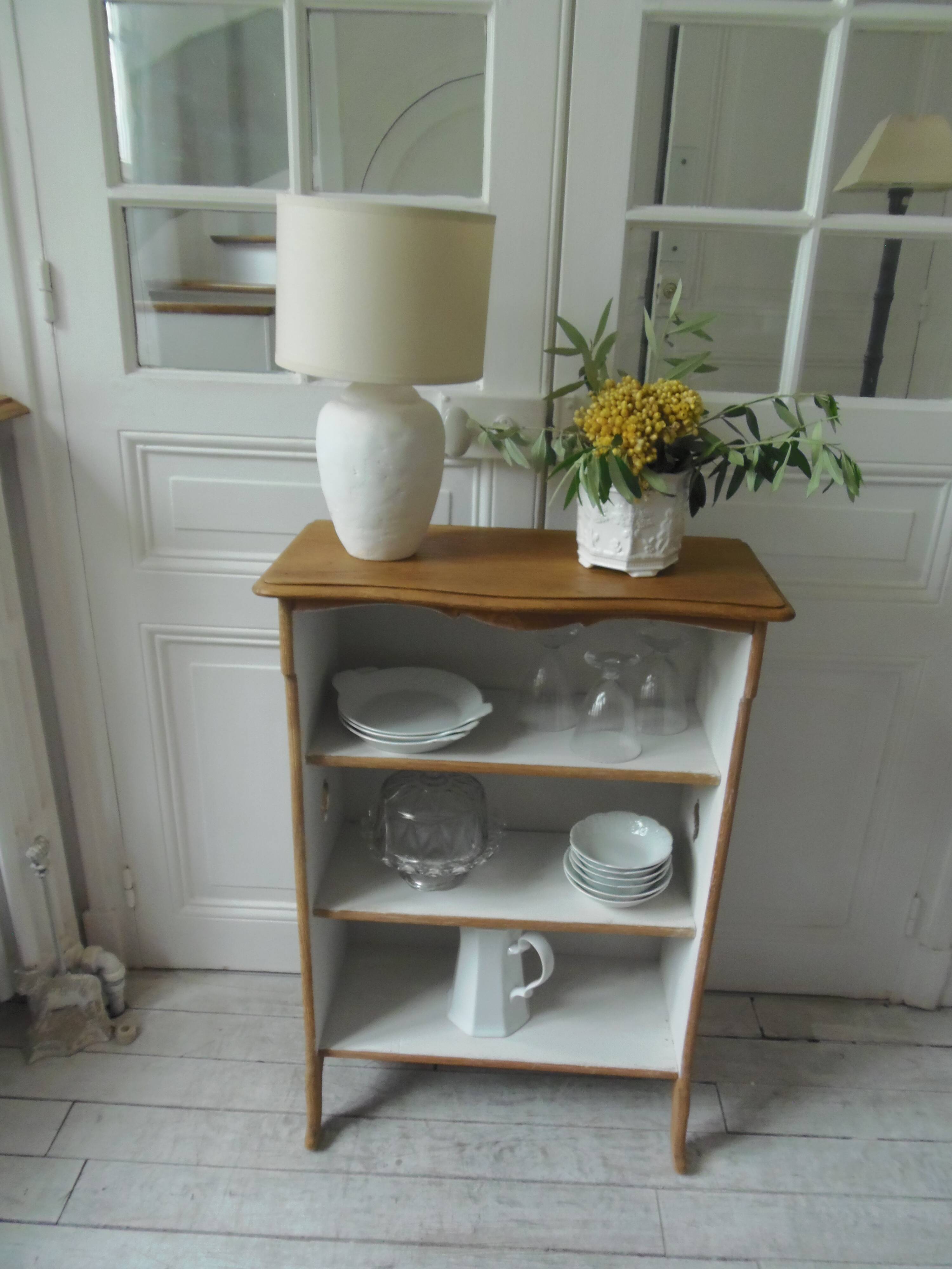 Vintage low depth bookcase in pearl grey interior oak with waxed finish.