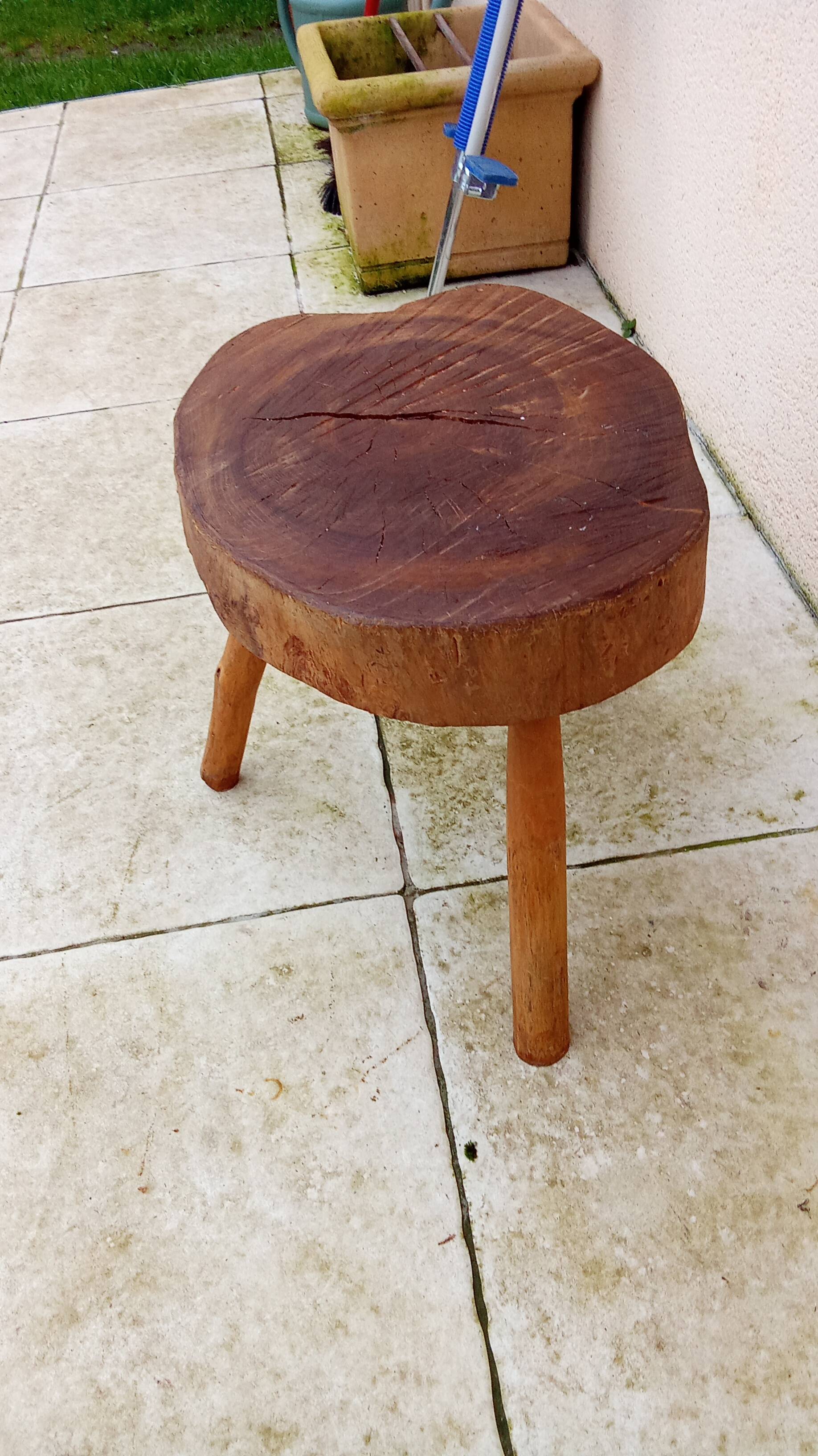 small vintage brutalist wooden tripod side table