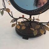 Table mirror, tilting psyche in patinated bronze decorated with leaves and fruits