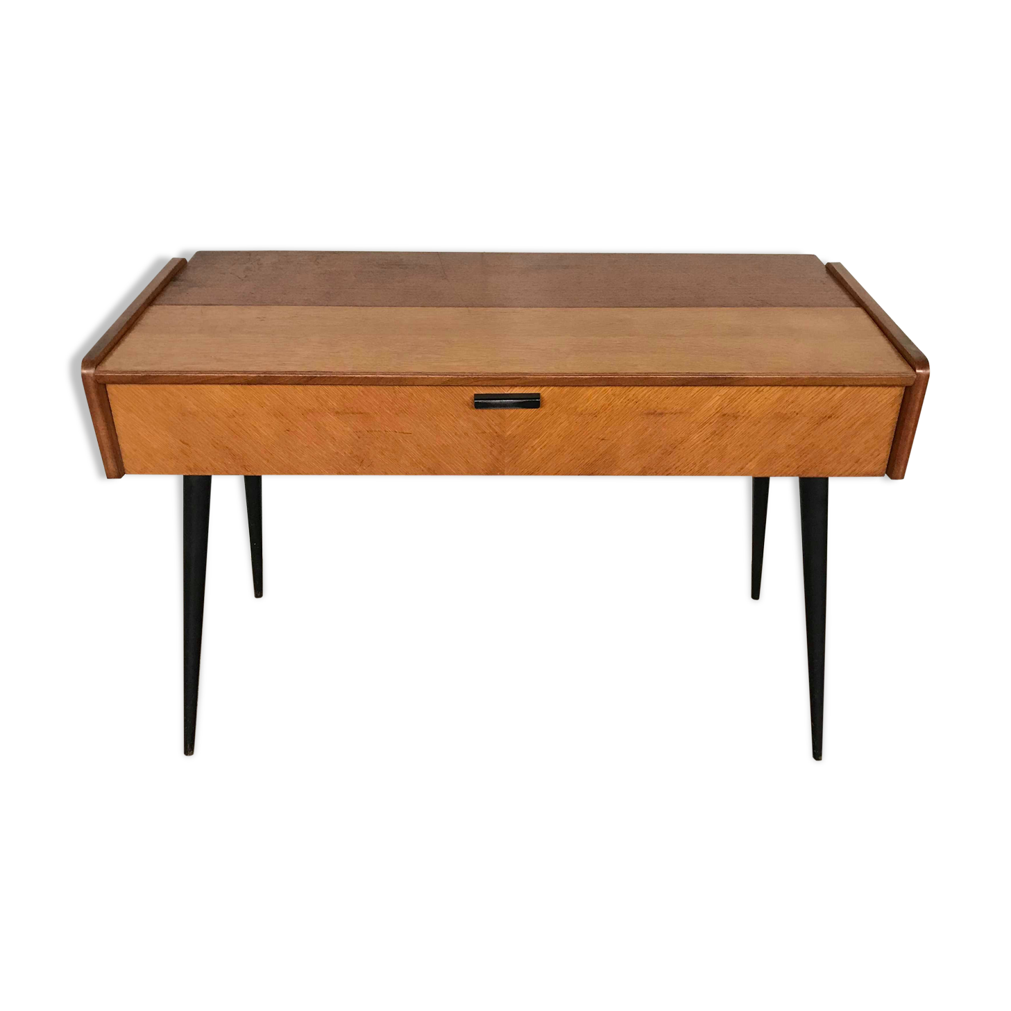 Bureau tricoteuse en teck vintage pieds compas fuseaux noir 1950 1960 style scandinave