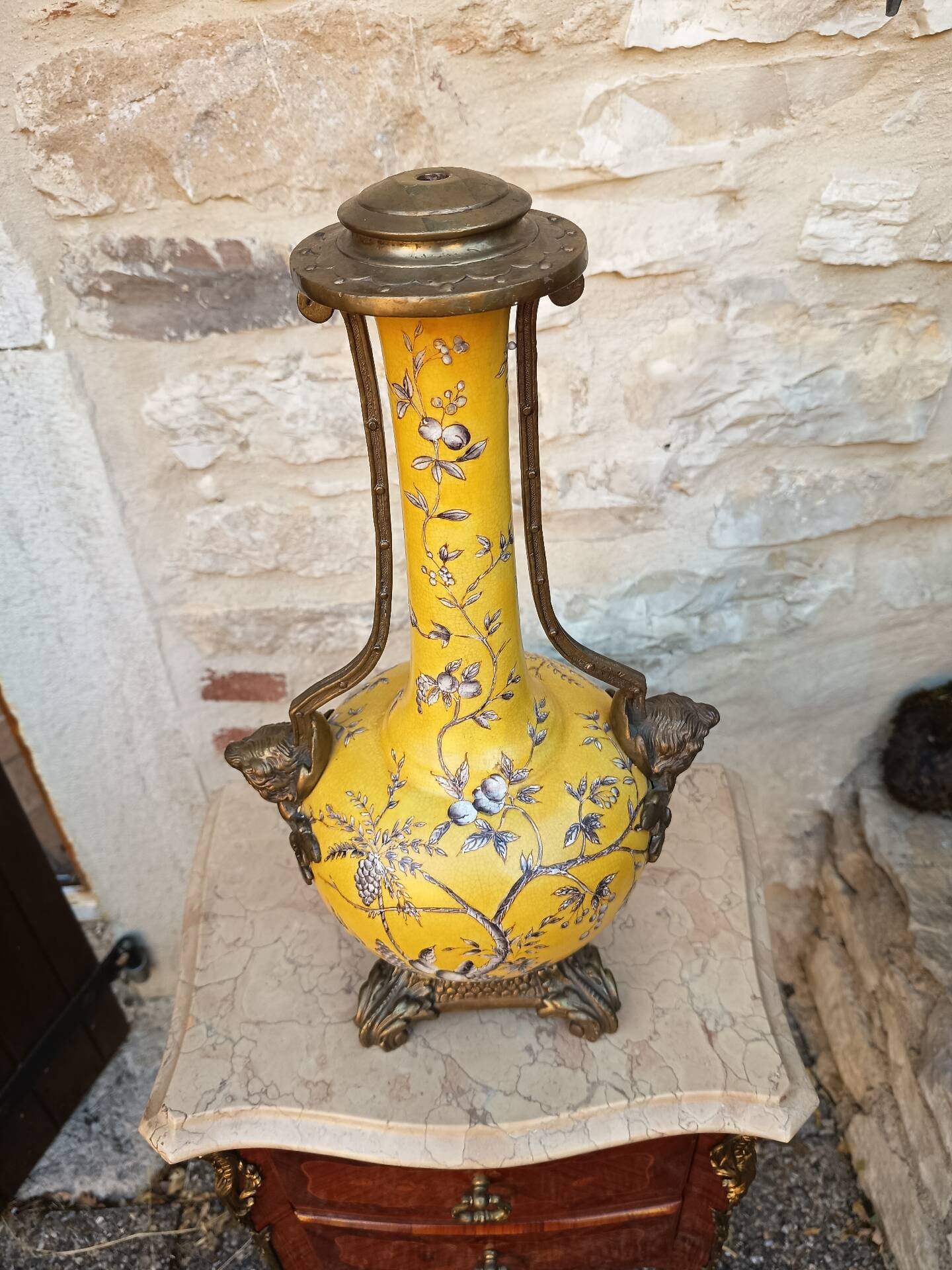 Large lamp base - 43 cm - yellow earthenware with polychrome glazes - 20th century