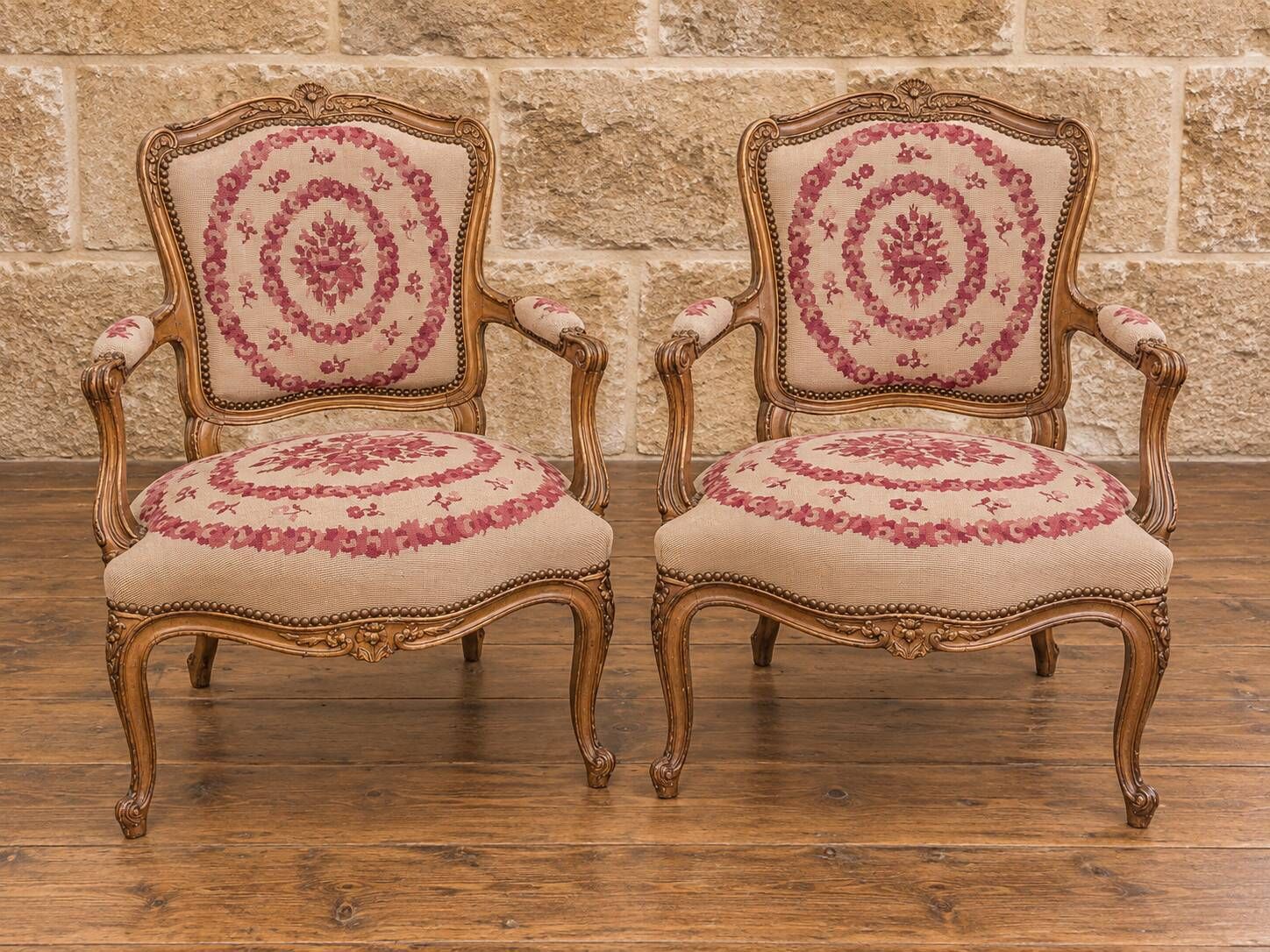 Pair of gold Louis XV style armchairs – Petit point upholstery