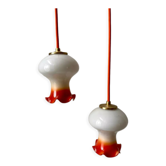 Pair of suspensions tulips in opaline orange gradient orange thread 70s