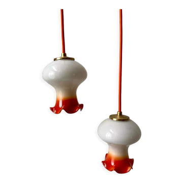 Pair of suspensions tulips in opaline orange gradient orange thread 70s
