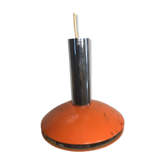 Suspension ancienne soucoupe Ovni métal orange avec tube chromé années 70 vintage
