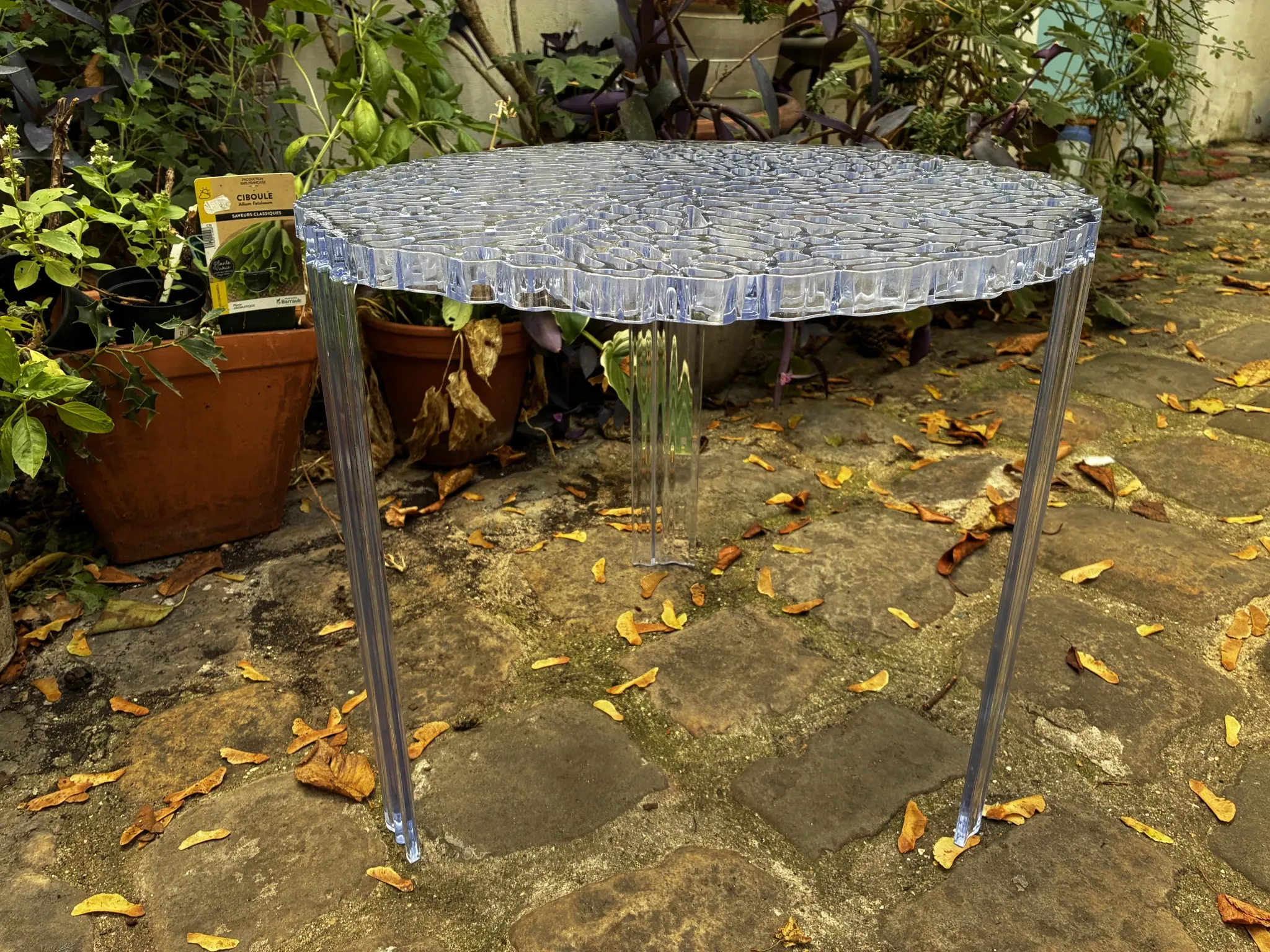 Coffee table T table KARTEL blue-tinted plexiglass design by Patricia Urquiola