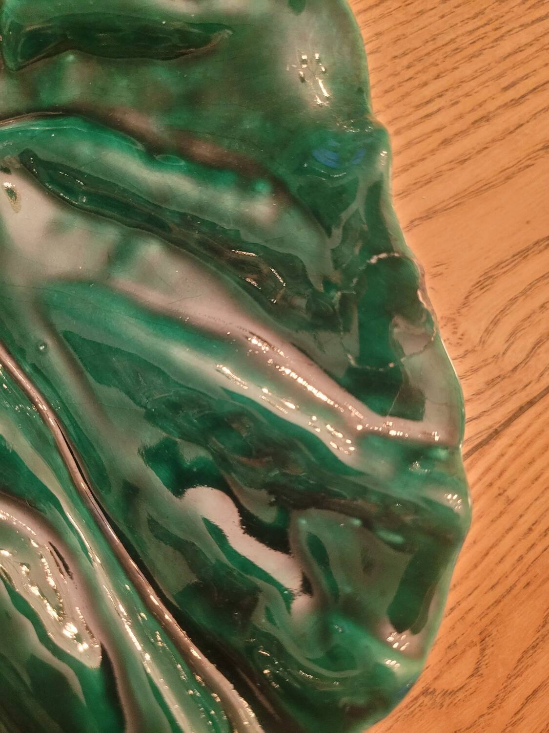 Large green enameled leaf dish