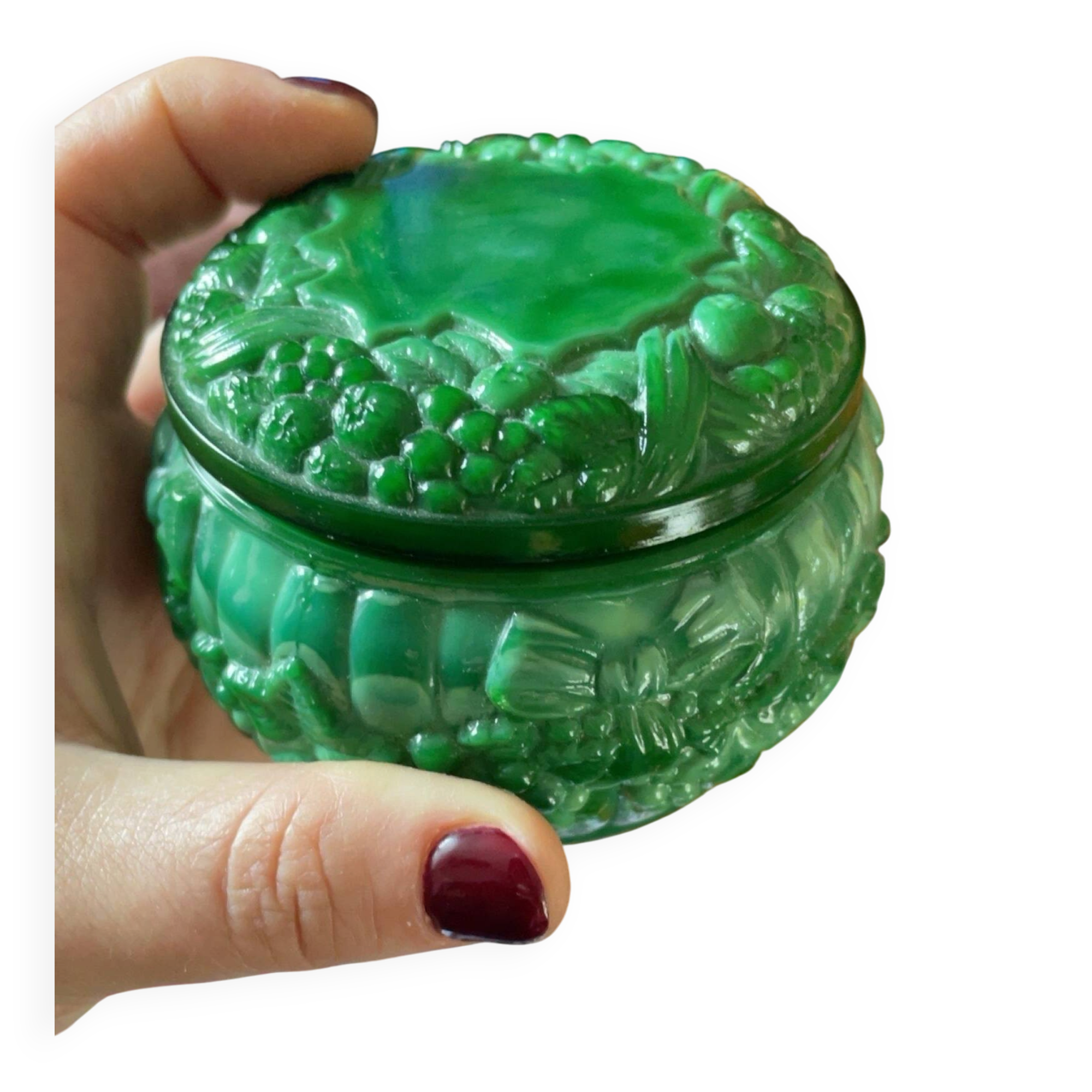 Art Deco box in malachite glass in the style of Schlevogt/collection Ingrid