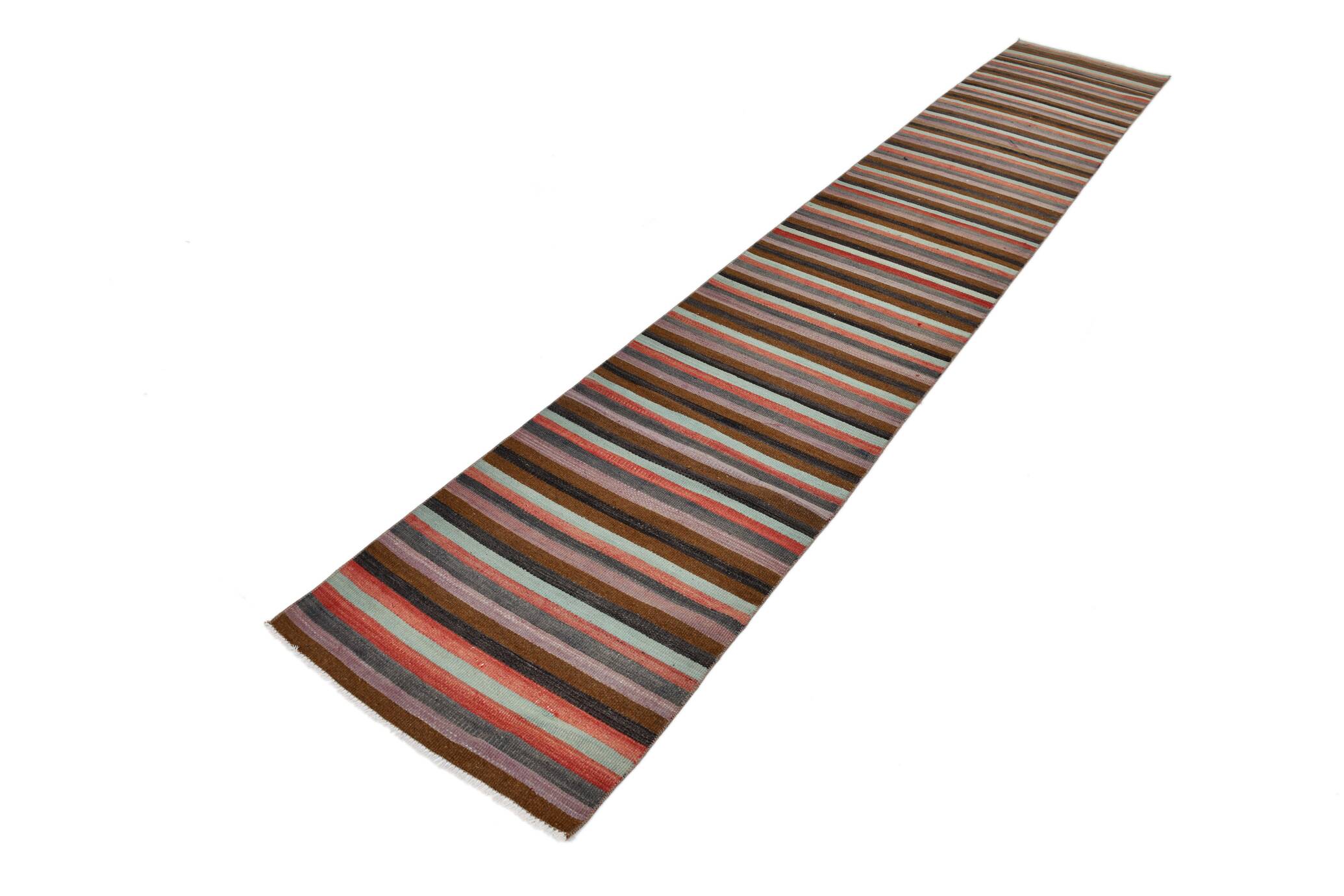 Tapis couloir artisanal, look bohème, couleurs pastel délavées, 415x70Cm