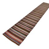 Tapis couloir artisanal, look bohème, couleurs pastel délavées, 415x70Cm