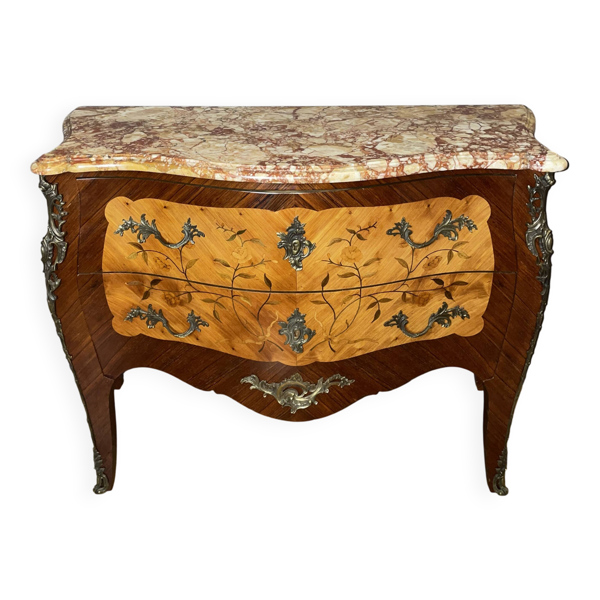 Louis XV style commode with floral marquetry decoration.