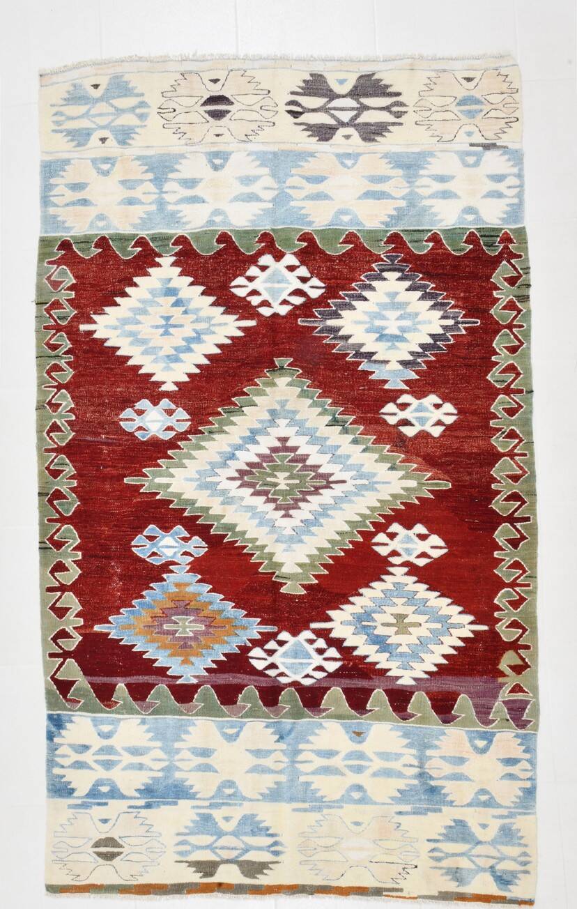 5x8 Burgundy & Light Blue Rare Geometric Style Wool Kilim Rug, 144x241 Cm