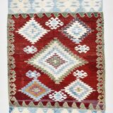 5x8 Burgundy & Light Blue Rare Geometric Style Wool Kilim Rug, 144x241 Cm