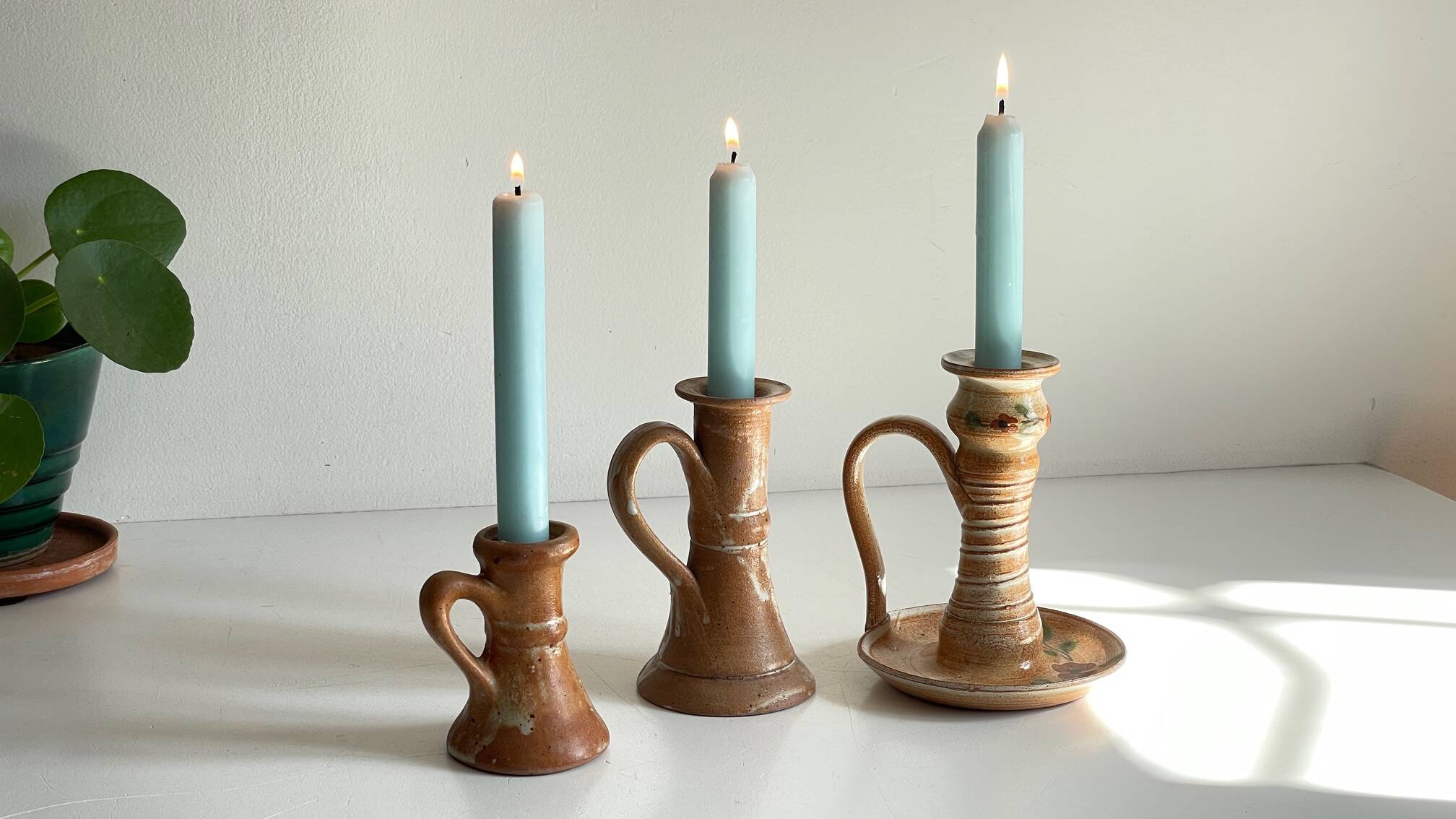 3 vintage handcrafted pottery candle holders