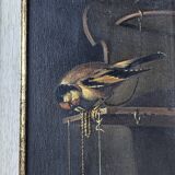 Oil on canvas of a tanager bird and water, sign Oil on canvas of a tanager bird and water, signeded