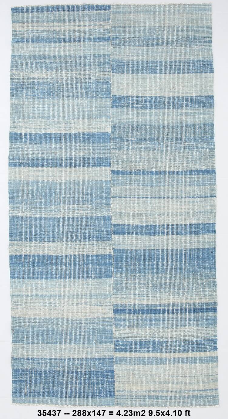 5x9 Blue & Beige Modern Kilim Rug, 147x288Cm