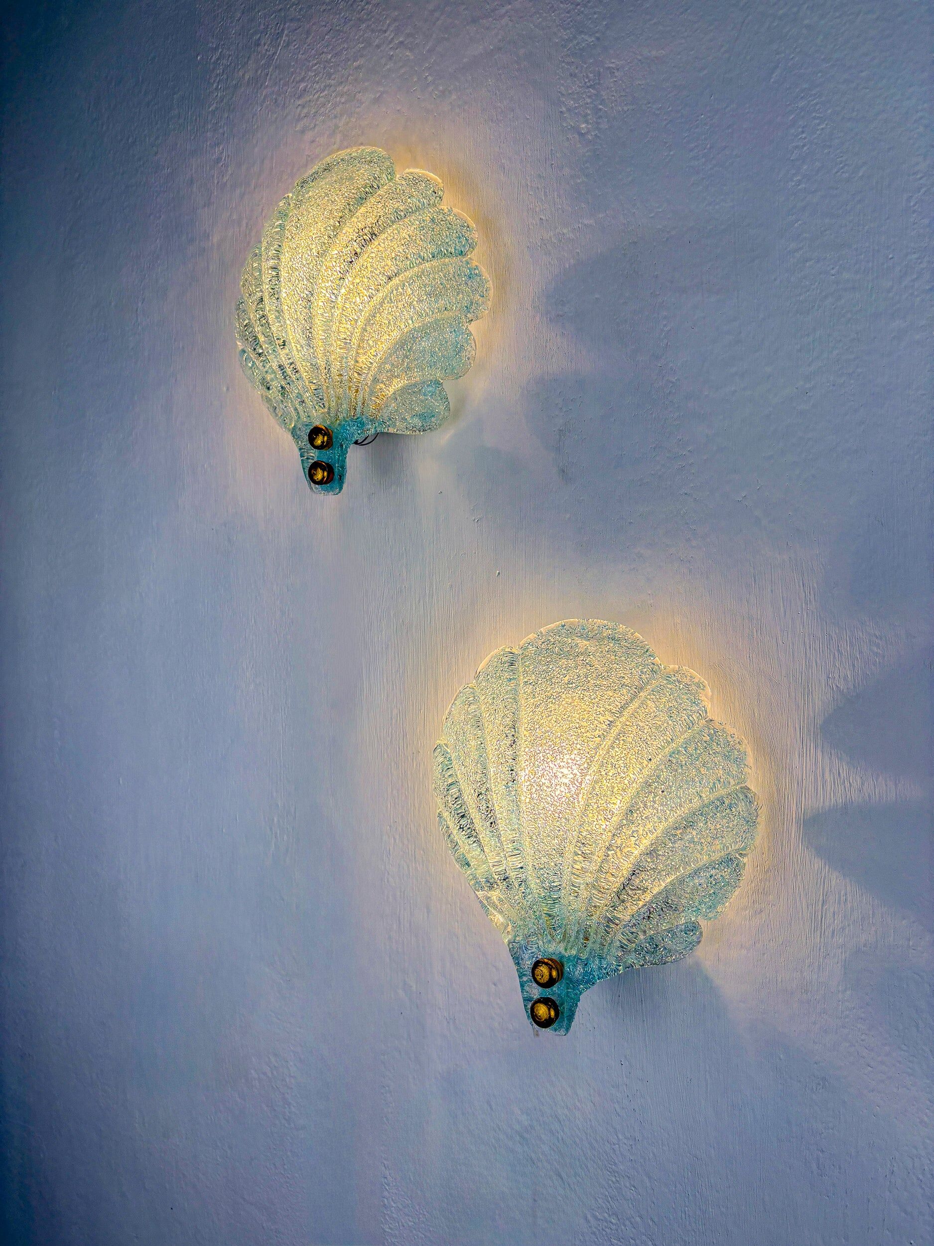 Pair of shell-shaped frosted blue Murano glass wall sconces, Italy, 1970s