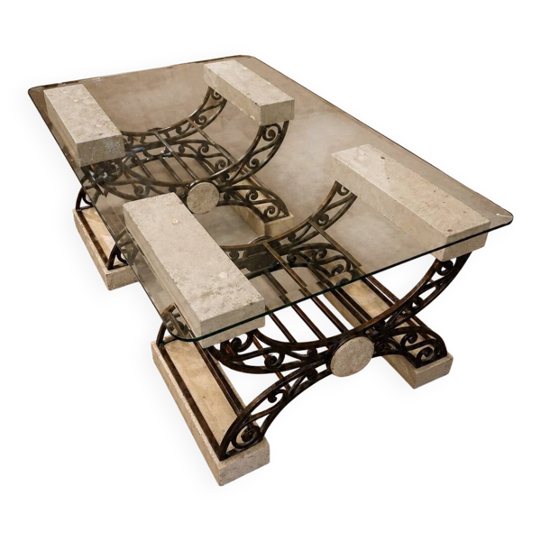 Table travertin fer forgé Italie circa 1980
