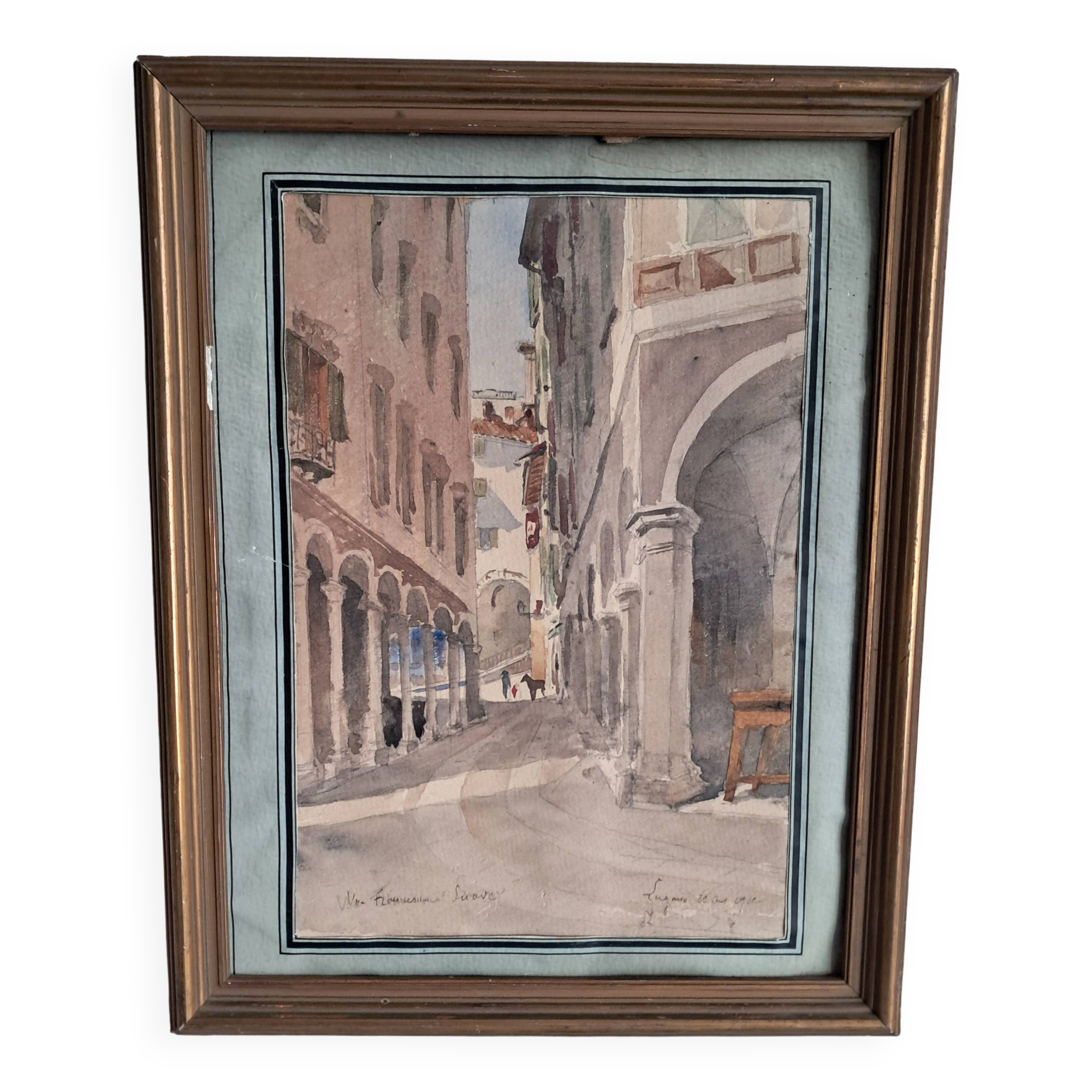 Ancient painting depicting a street in Lugano, Switzerland.