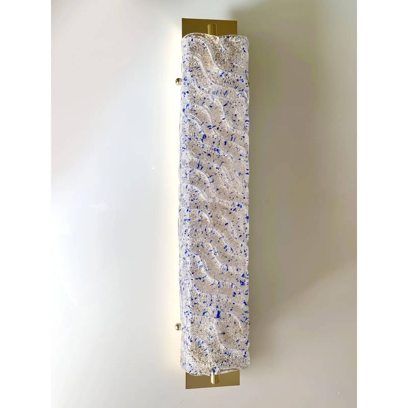 Pair of Gold Wall Sconces with Blue Graniglia Murano Glass