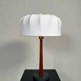 Mid-century teak and cotton table lamp by Einar Bäckström, Sweden, 1950s.