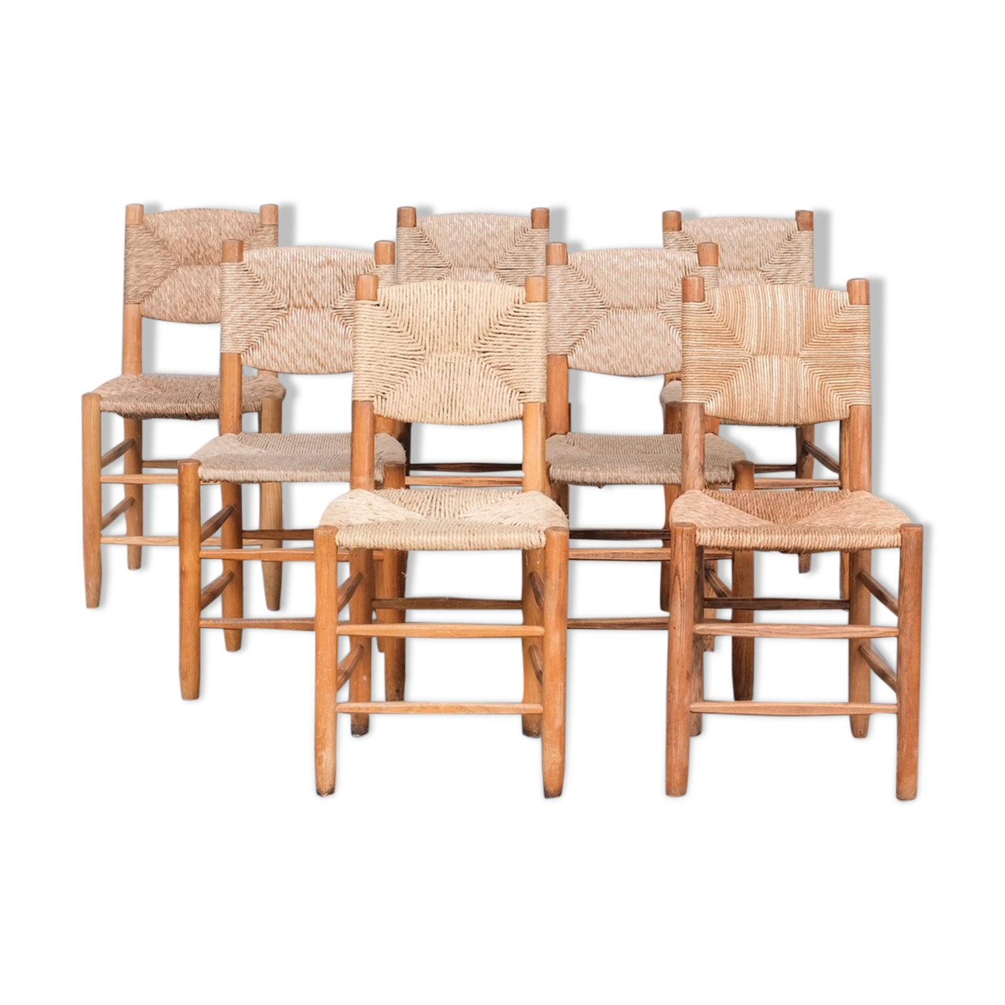 Charlotte Perriand 'Bauche' Model 19 Mid-Century French Rush Dining Chairs
