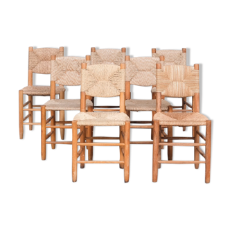 Charlotte Perriand 'Bauche' Model 19 Mid-Century French Rush Dining Chairs