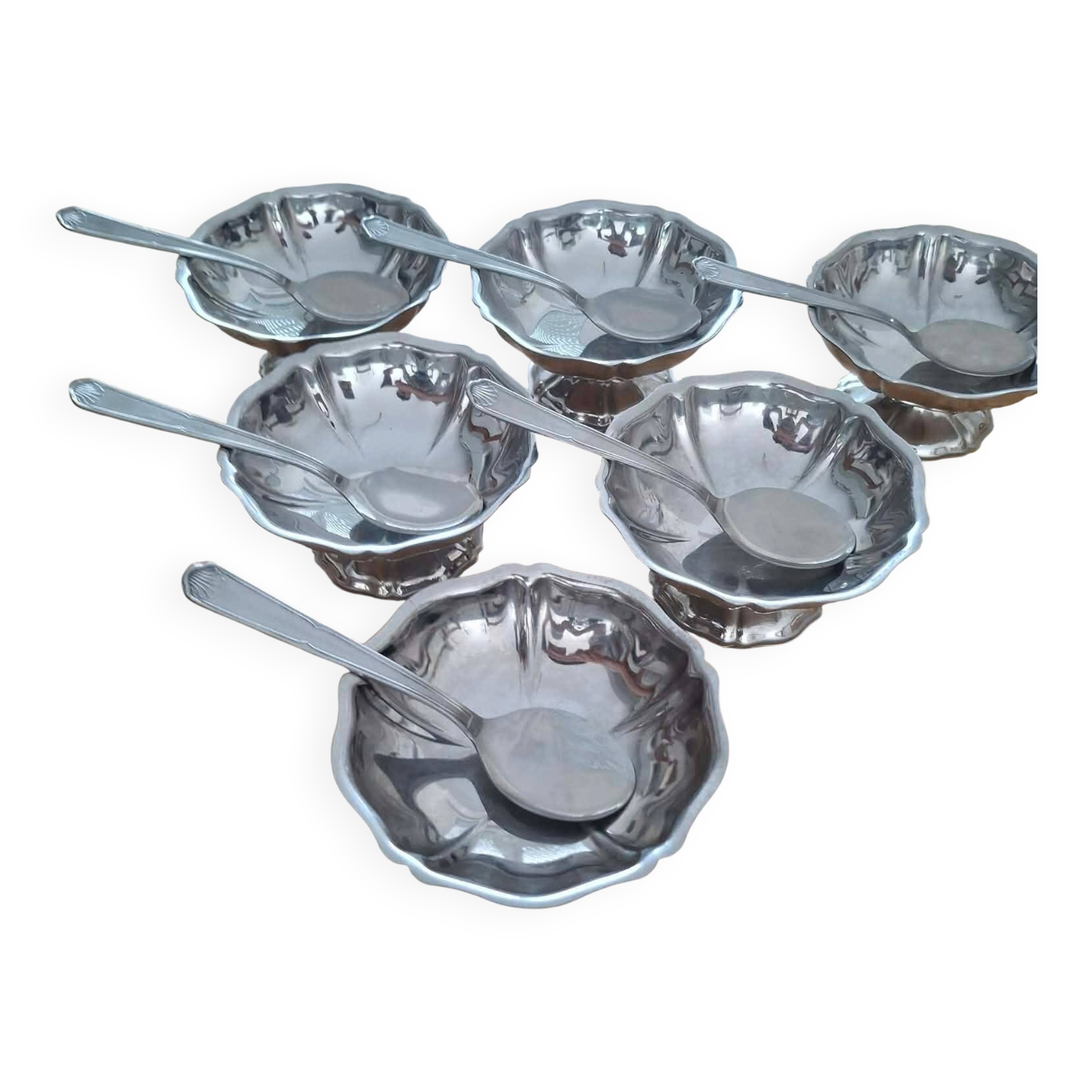 Set of 6 stainless steel ice cream bowls by Guy Degrenne + 6 spoons