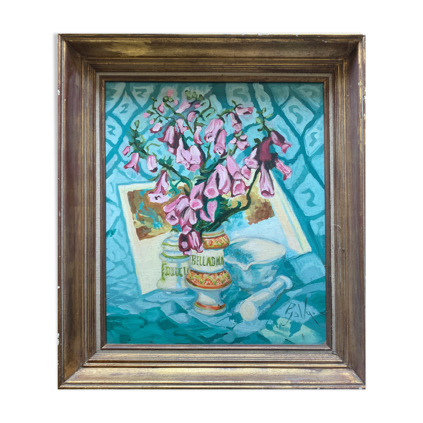 Painting "Bouquet of foxgloves" apothecary pot signed P. Jally and frame