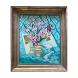 Painting "Bouquet of foxgloves" apothecary pot signed P. Jally and frame
