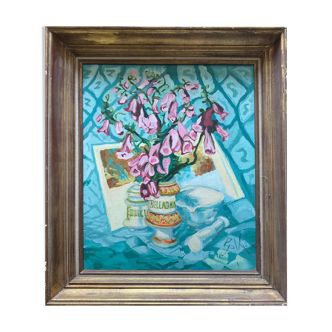 Painting "Bouquet of foxgloves" apothecary pot signed P. Jally and frame