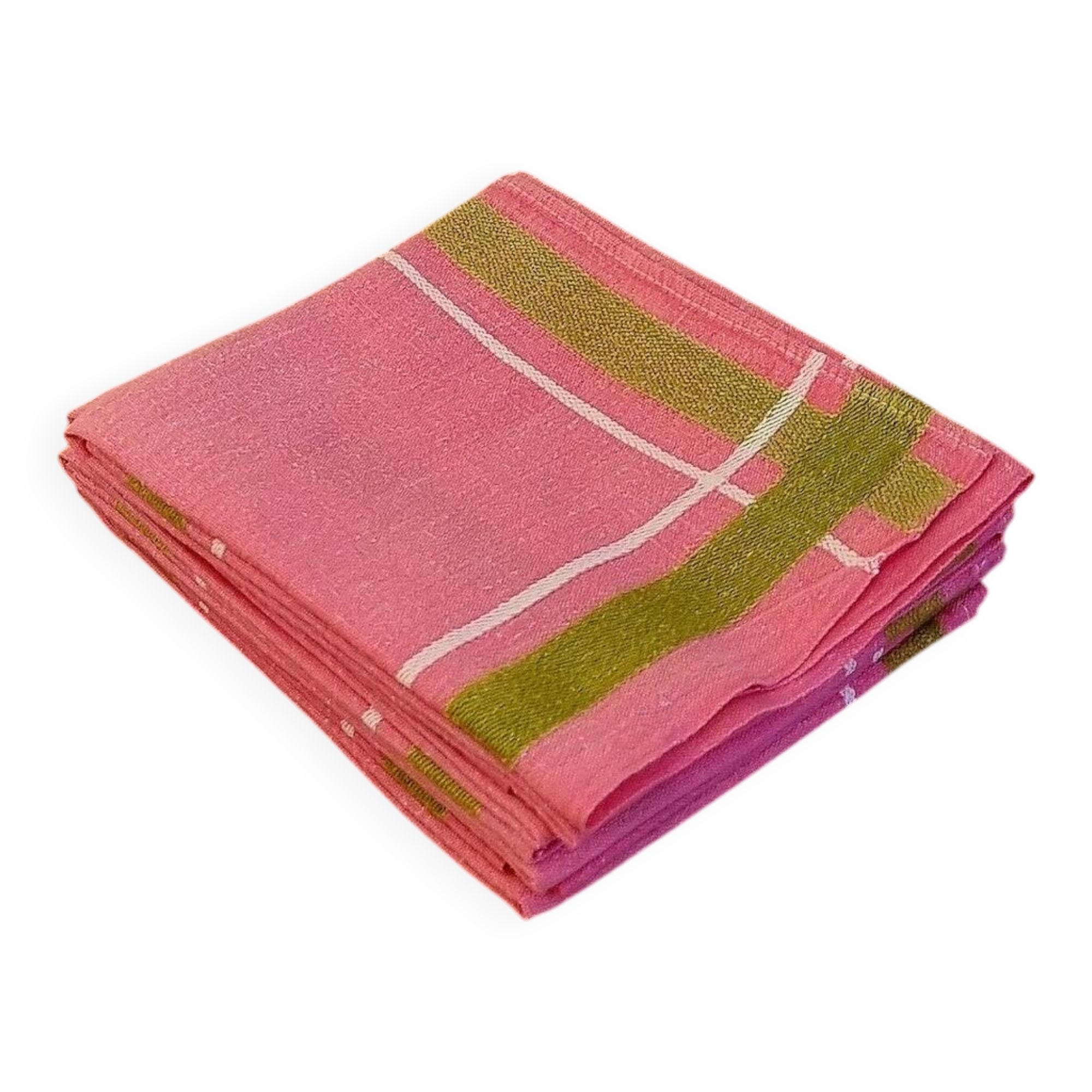 Set of 5 vintage cotton table napkins in pink and green.