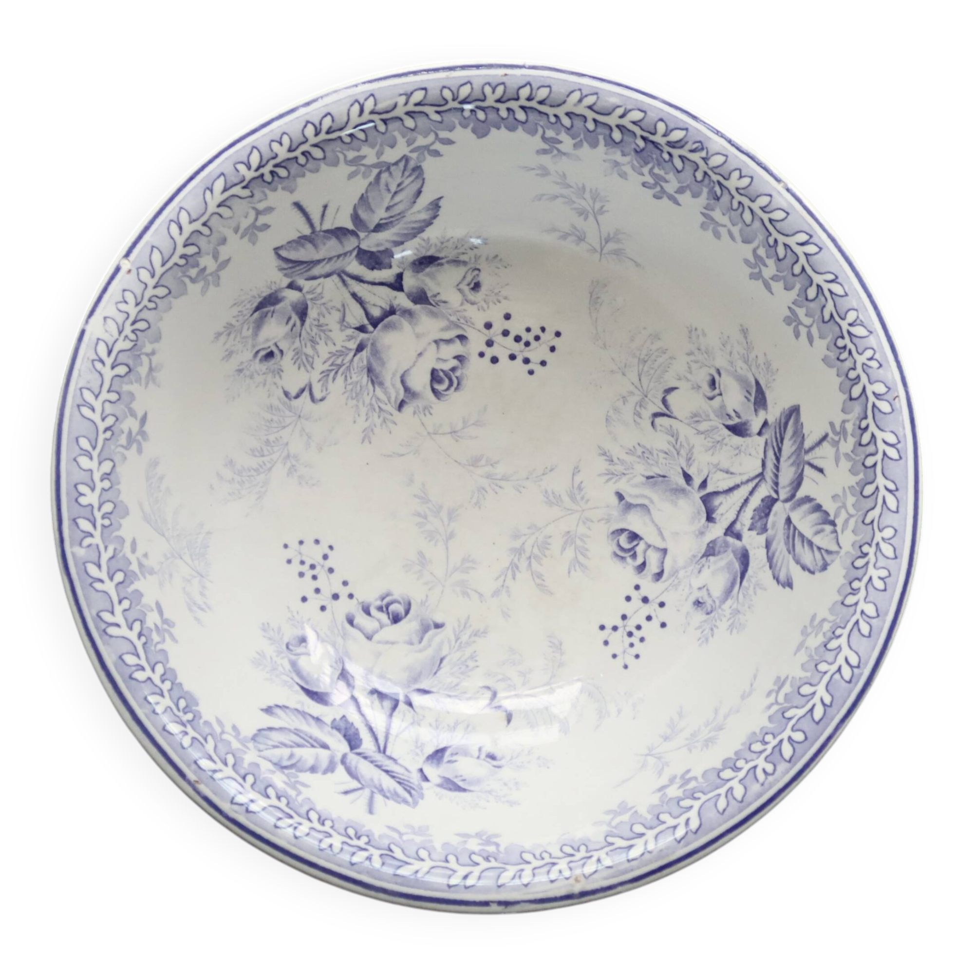 Old basin in white and purple earthenware - Floral decoration