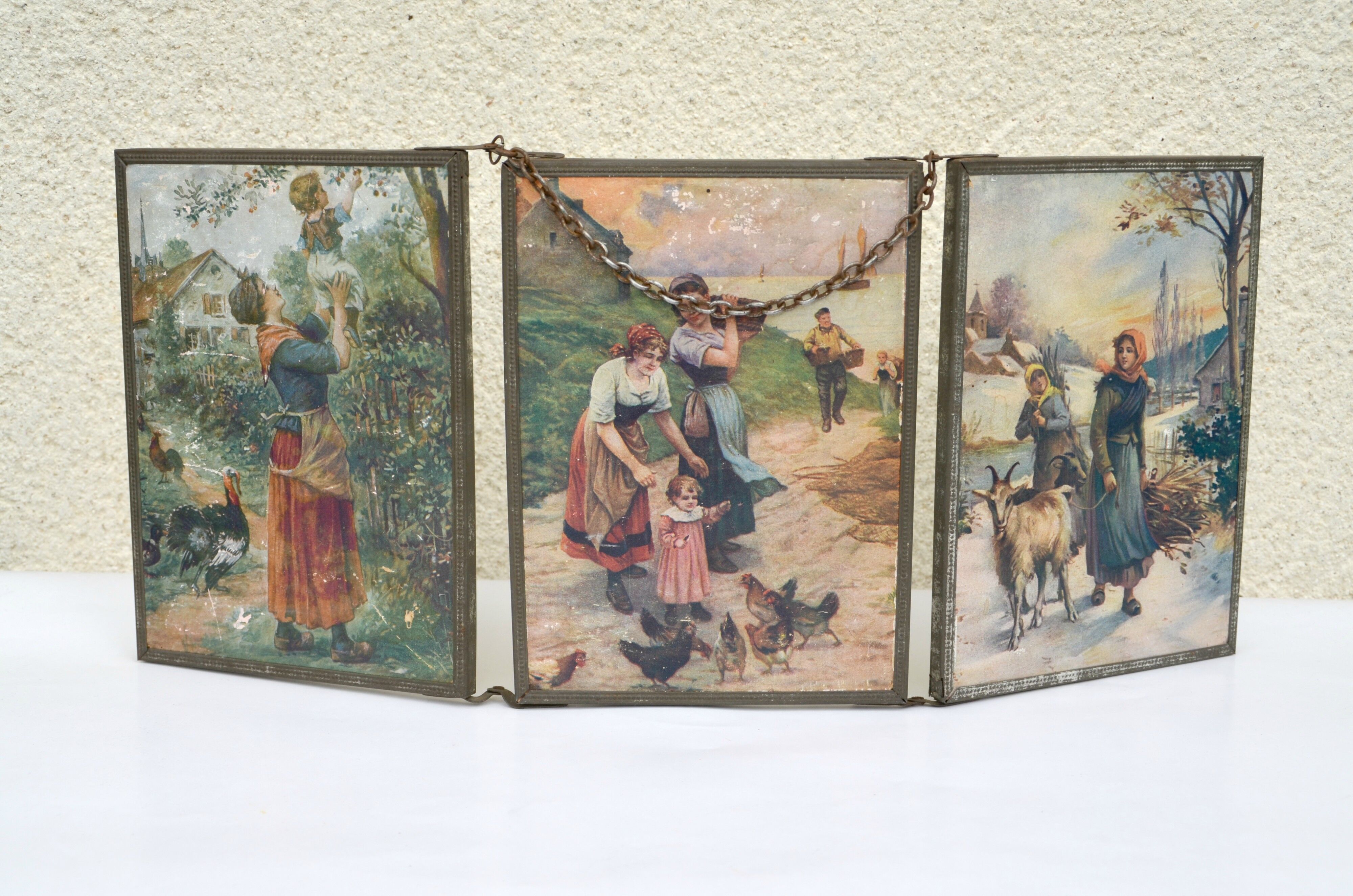 Barber triptych with chain and watercolours mirror 14x44cm