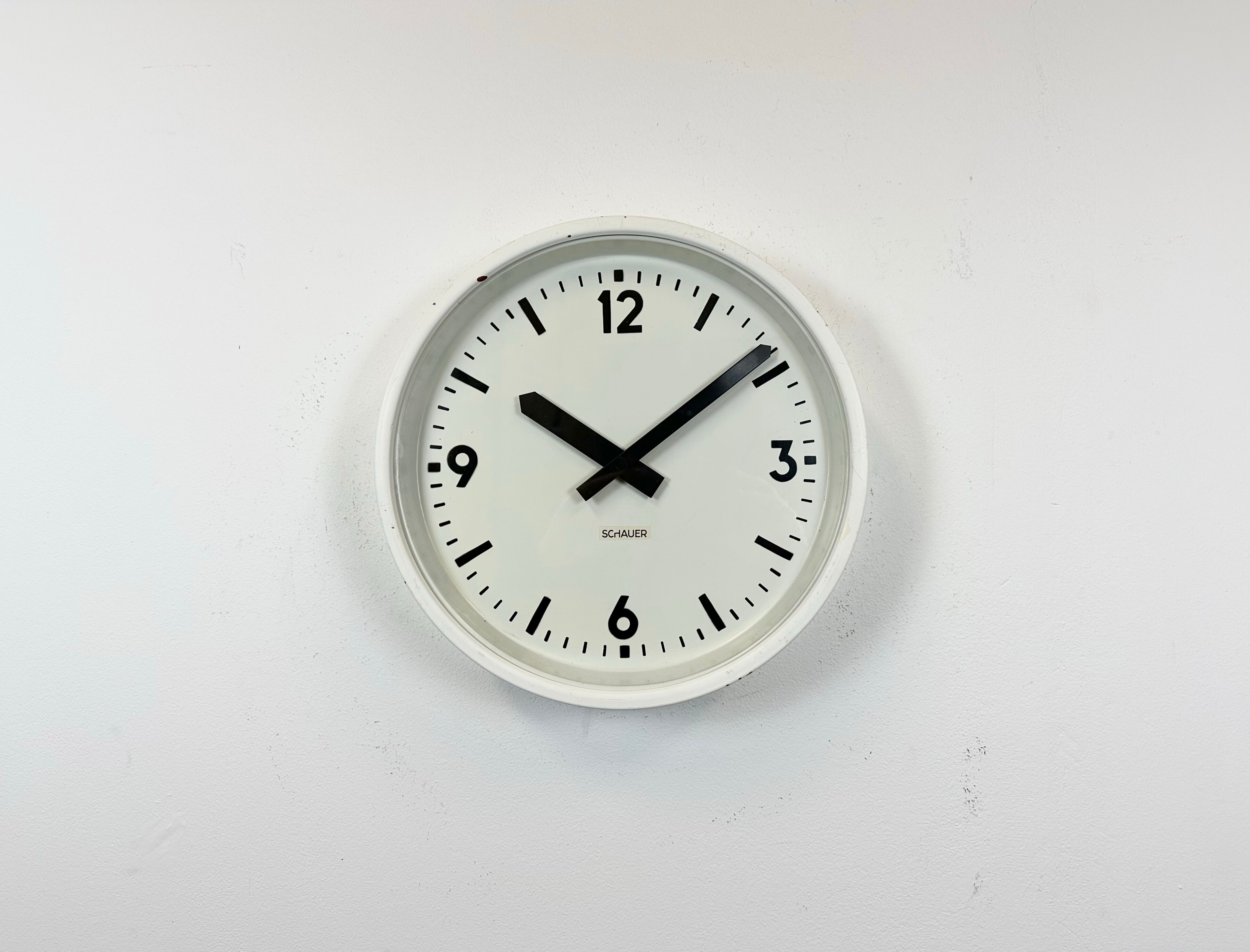 White industrial austrian factory wall clock from Schauer, 1960s