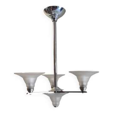 Art Deco chandelier with 4 lights in metal and glass - 1930s/40s