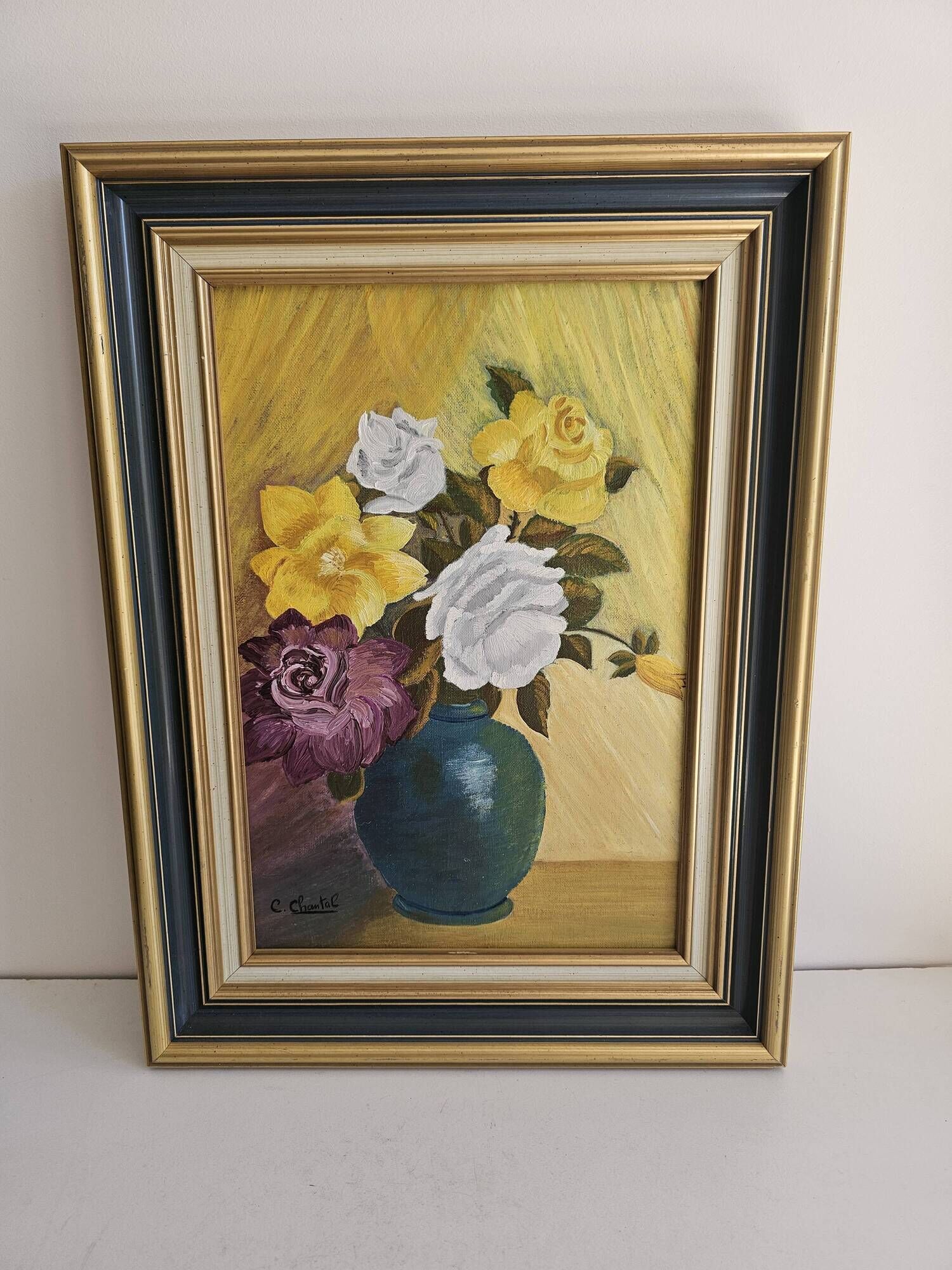 Oil on Canvas Board - Bouquet of Roses Signed Chantal Cogniard