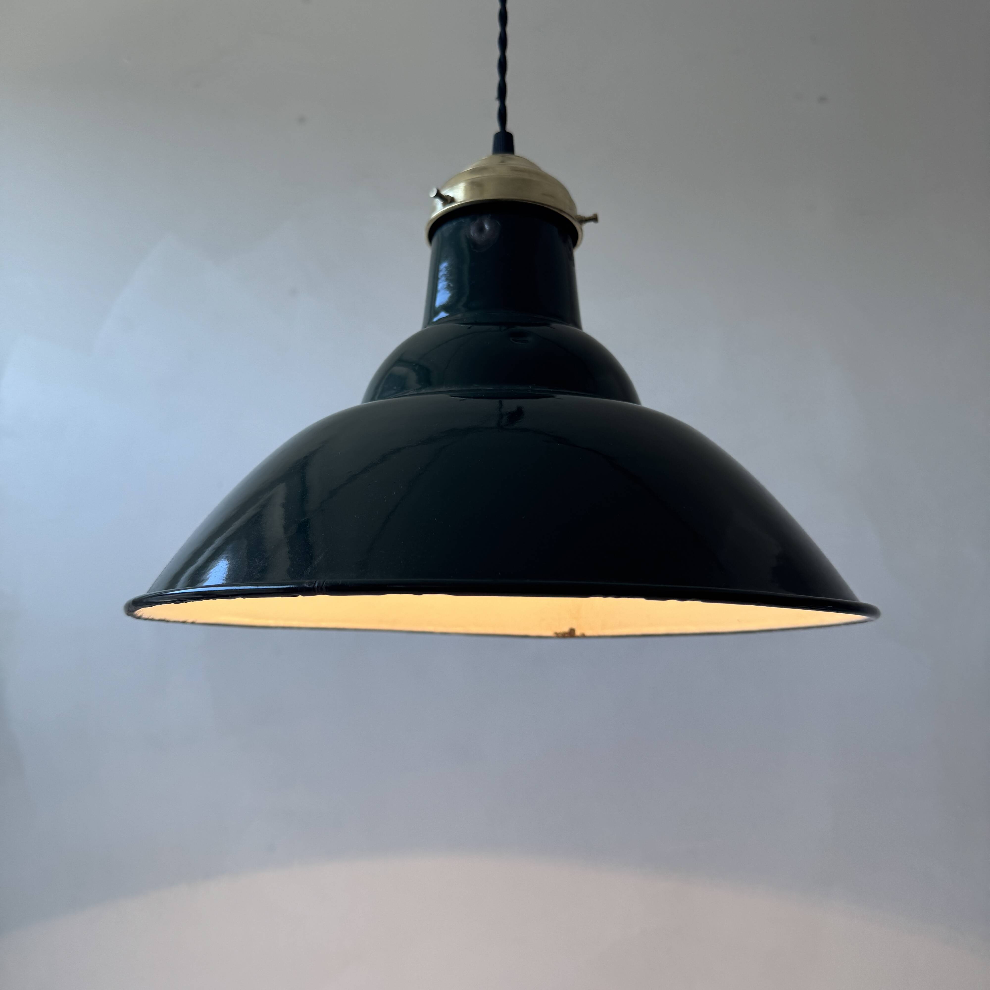 Old industrial pendant light, green enamel, 34 cm