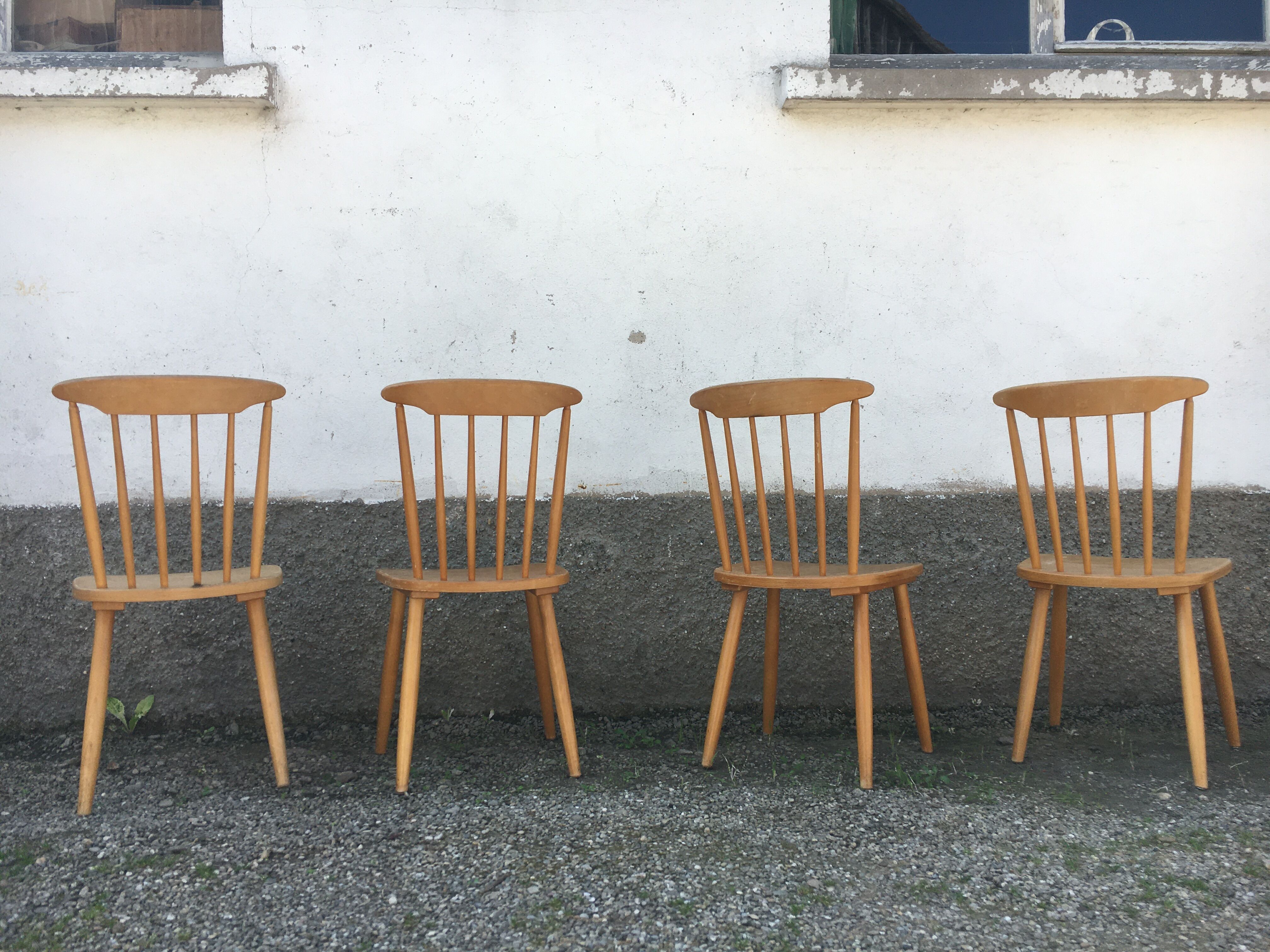 Series of 4 chairs bistro / bohemian beech - compass feet - vintage - Scandinavian 1950