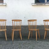 Series of 4 chairs bistro / bohemian beech - compass feet - vintage - Scandinavian 1950