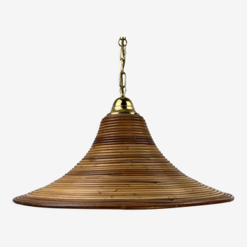 Pencil split reed rattan bamboo and brass pendant Lamp, 1970s