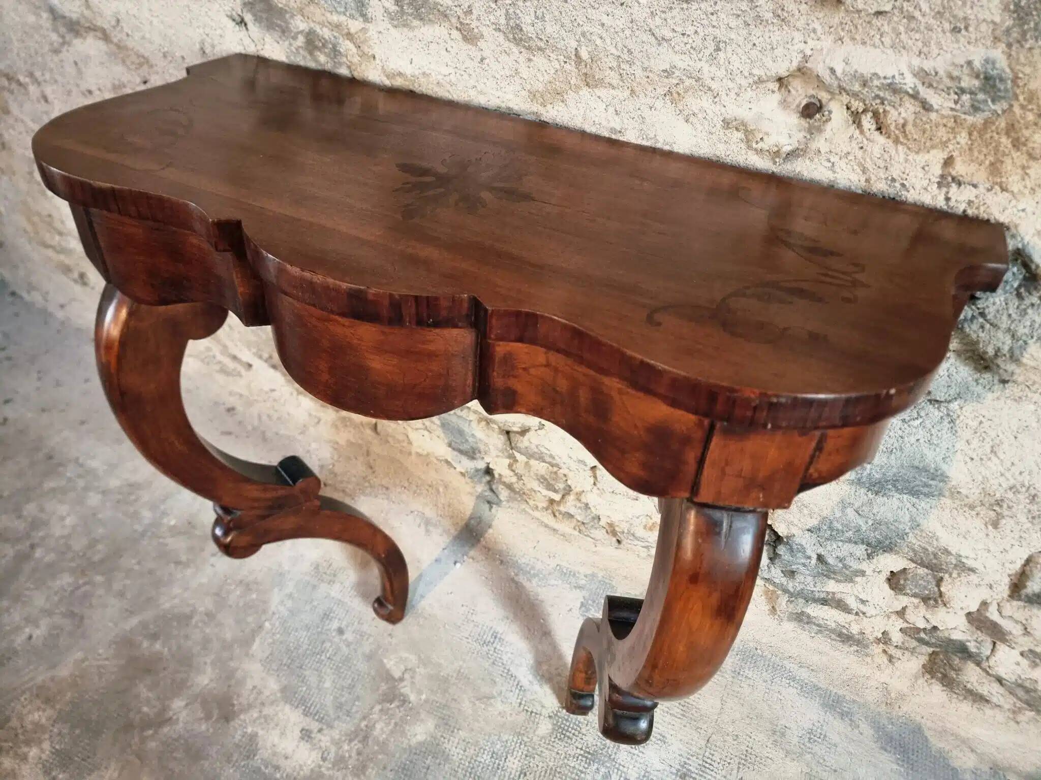 Antique French Napoleon III mahogany console table, wall table with marquetry, 19th century