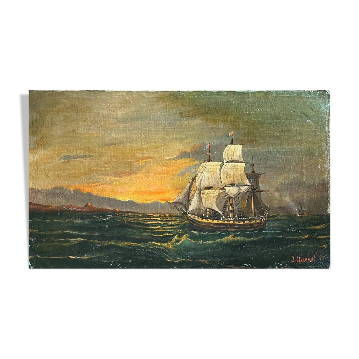 Tableau HST "Navire au crepuscule" fin XIX° Signé Mauval (?)
