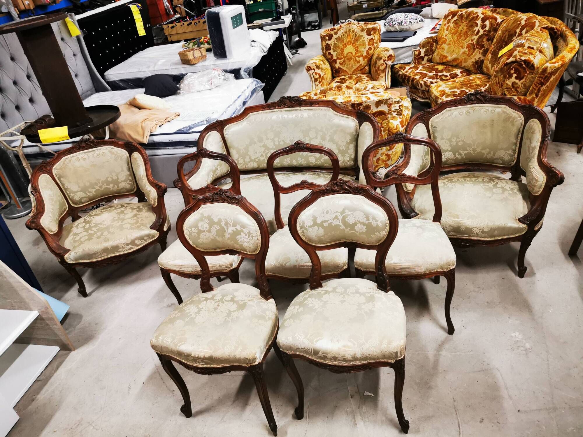 Two-seater bench + two simple armchairs + five Louis XV chairs to be reupholstered
